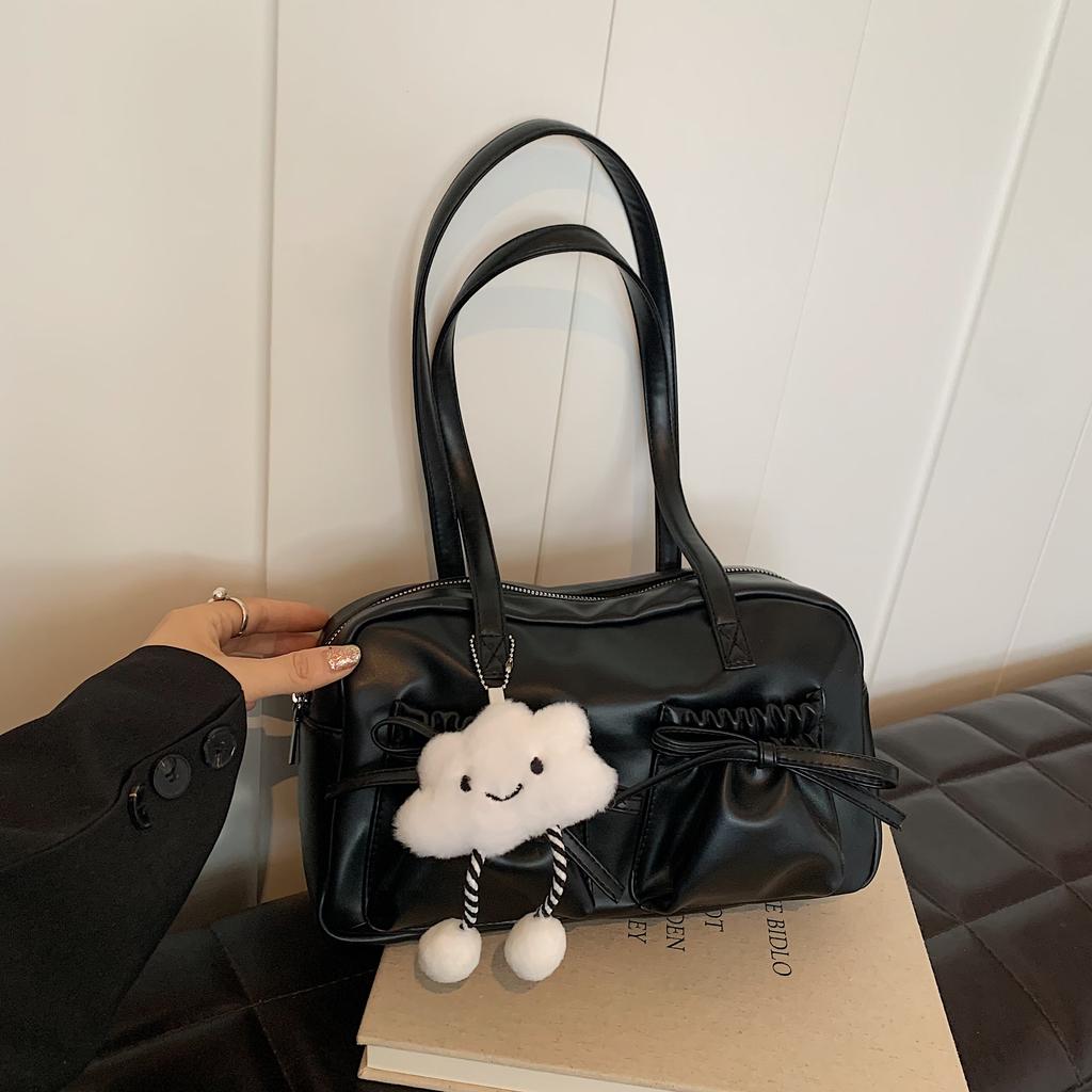 Shoulder Bag for Women Lightweight PU Handbag with Cloud Charm & Bow Front Pocket Large Capacity Zipper for Daily Commute