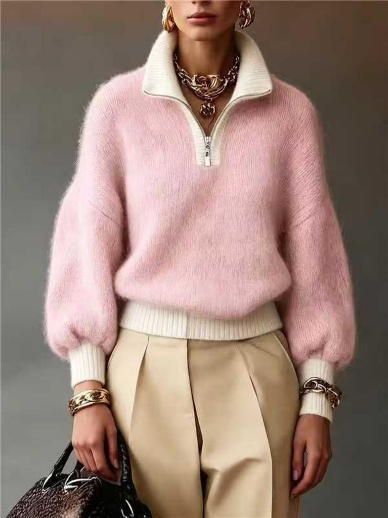 New European and American style half-open zipper turtleneck knitted sweater women's lazy sweater knitted top