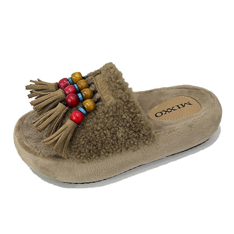 Flat-bottomed Slippers Women's Outer Wear 2025 Spring New Retro Popular Fringed Colorful Beaded Half Slippers