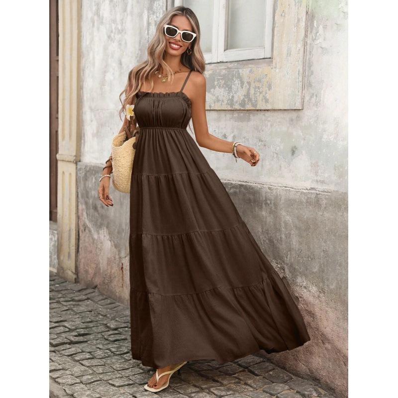 Europe, America 2026 Summer New Vacation Ruffle Edge Slim and Thin Long Suspender Dress Women