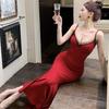Elegant Color Block Patchwork Lace V-neck Mermaid Dress for Women - Summer Banquet Waist-Cinching Style