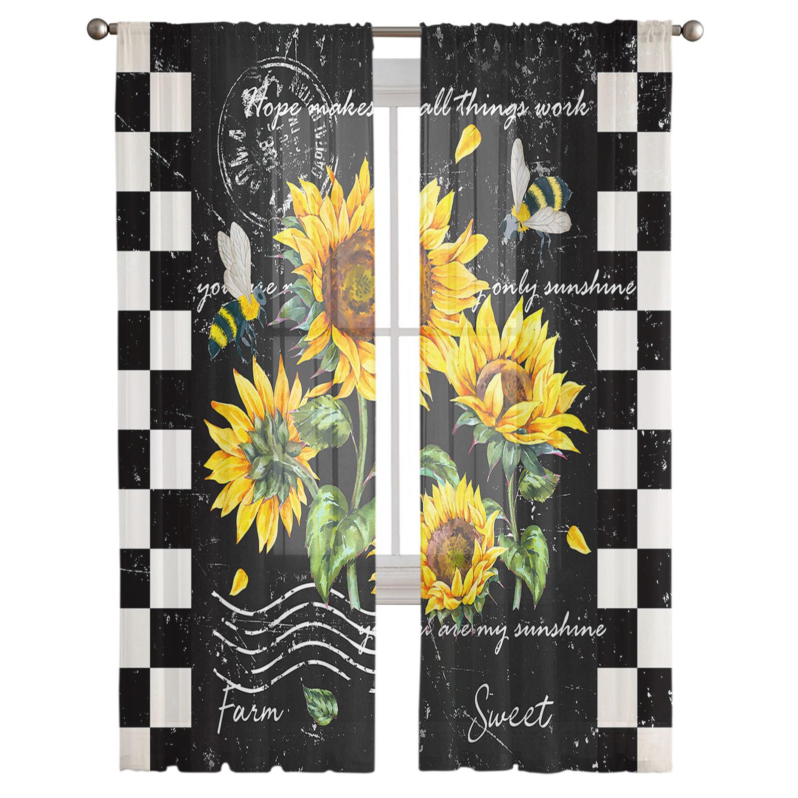 

Ретро Цветок Подсолнух Пчела Шторы на окна из шифона Тюль Шторы для дома Гостиная Фон Украшения 135W x 114H(cm)