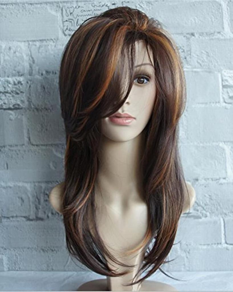 Women's Long Curly Full Wig with Gradient Hair, Perfect for Crossdressing, Makeovers, and Customization, with Net and Mesh, Dark Brown