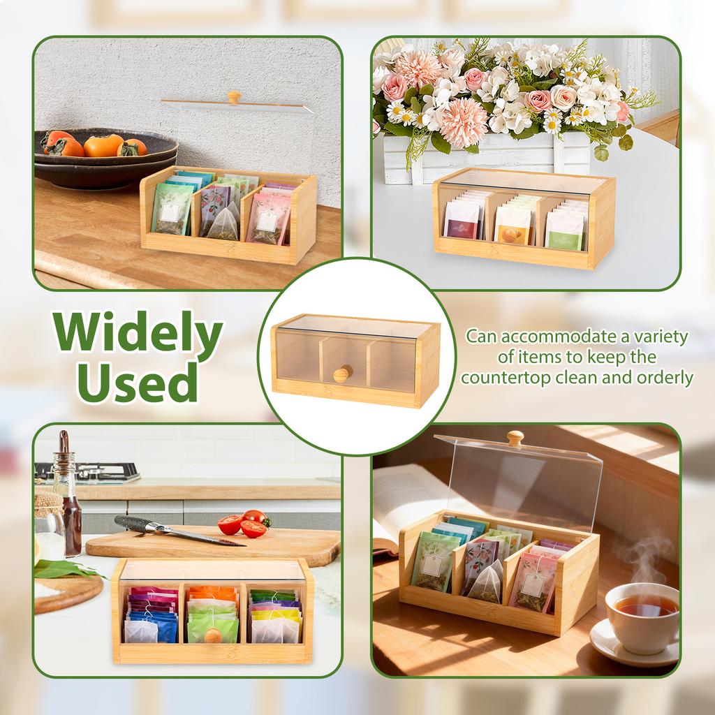 Bambus Teebeutel Aufbewahrungsbox mit Klarem Deckel 3 Fächer Multifunktionaler Kaffee Tee Box Organizer Zuckerbehälter