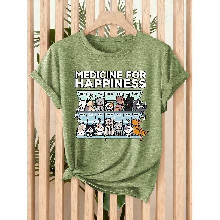 Women's Summer Tops | “Happiness Pill” Cat Calendar with Fun Cartoon Prints for Women T Shirt | Fun cartoon-style loose-fitting round-neck