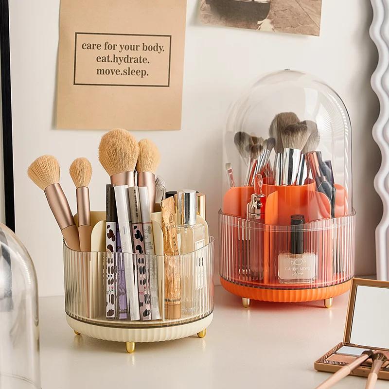 Rotating Desktop Makeup Brushes Organizer with Lid, Cosmetic Storage Box, Portable Lipstick, Eyeliner Holder, Skincare Pen Organ