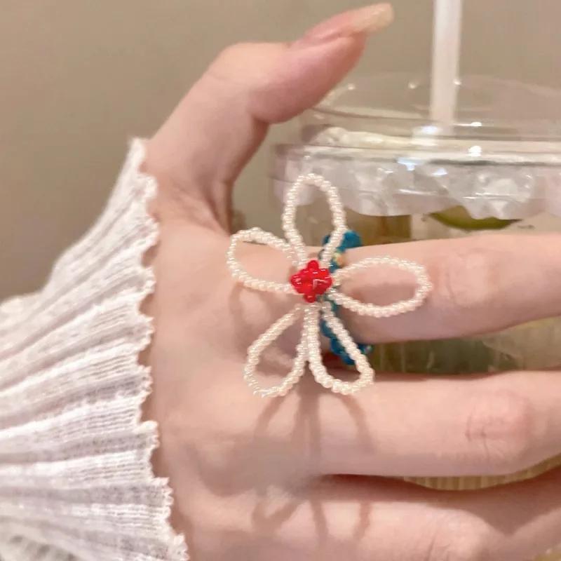 Bunte Perlenblumenringe für Damen Mädchen Koreanische Mode Süße Große Blumenfingerringe Schmuck Ästhetisch Y2K Accessoires