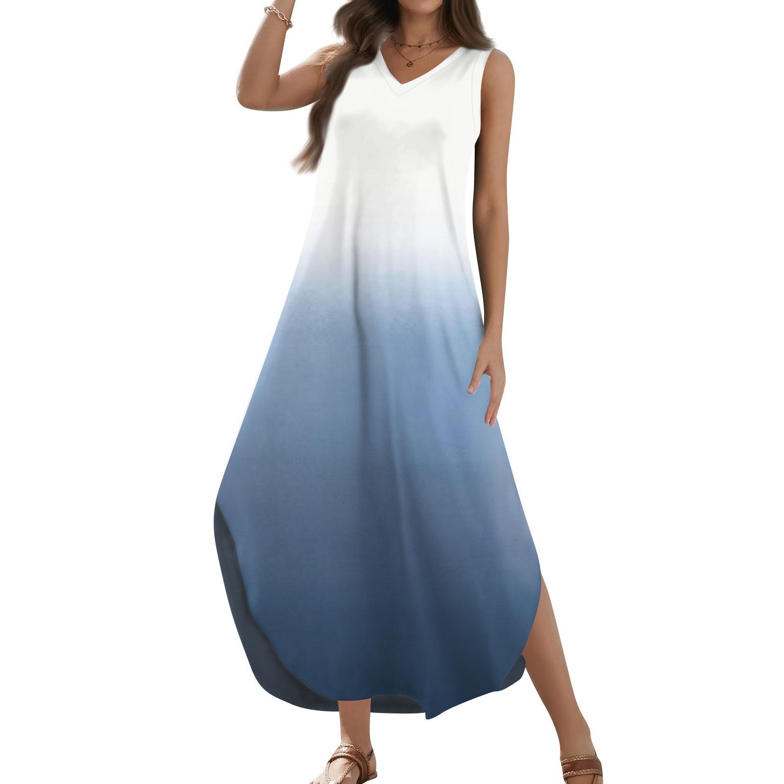 

Женский 2024, летний повседневный свободный сарафан, длинное платье с принтом, без рукавов, с v-образным вырезом и разрезом, футболка, макси-платья S тёмно-синий