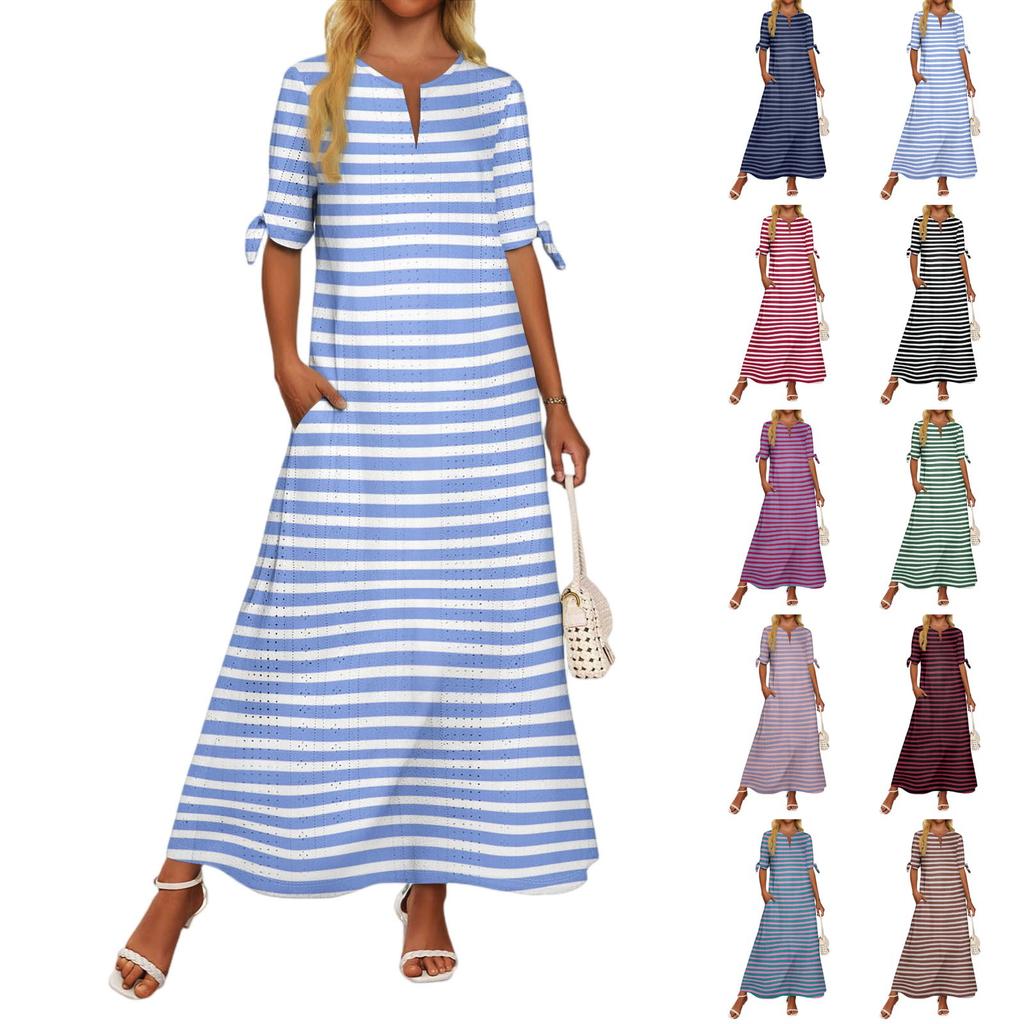 Ladies Casual Fashion Temperament Elegant Waist Striped Long Dress