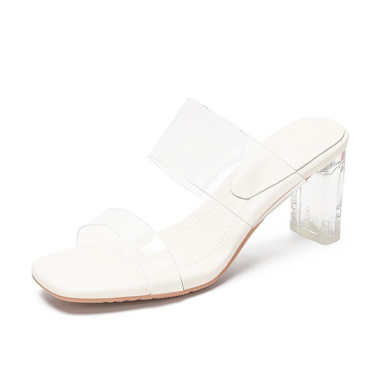 2025 new summer high-heeled slippers for women's summer outer wear new one-word with transparent sandals for women's thick-heeled sandals for women