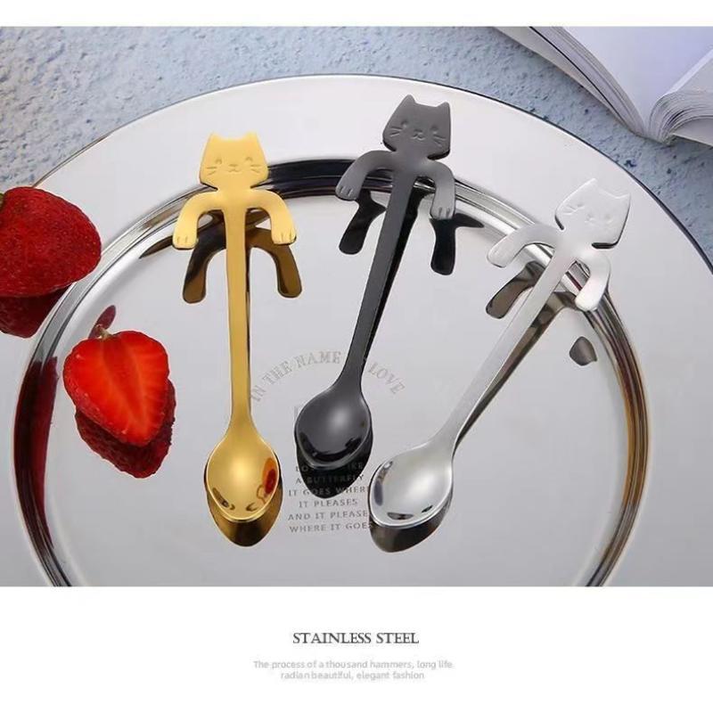 Stainless Steel Cute Cat Hanging Spoons Smooth Edge Lovely Design Fit For Coffee Tea Dessert Home Use