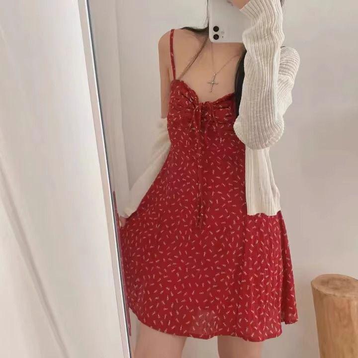 Retro Floral Spaghetti Strap Red Mini Dress - Slimming & Age-Defying Summer Style for Women