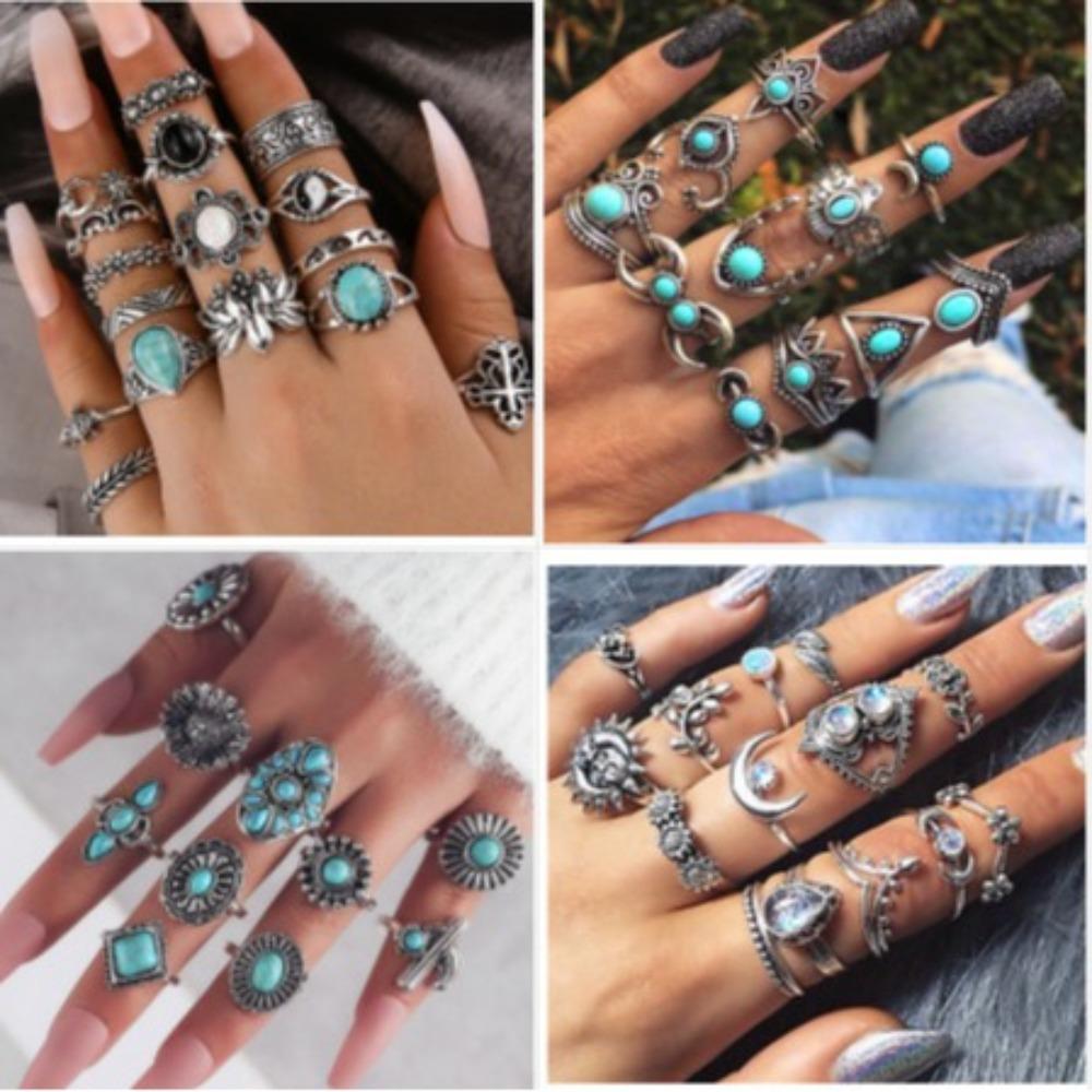 Vintage Engraved Black Gem Ring Personalized Turtle Flower Combination 16-piece Set for Women