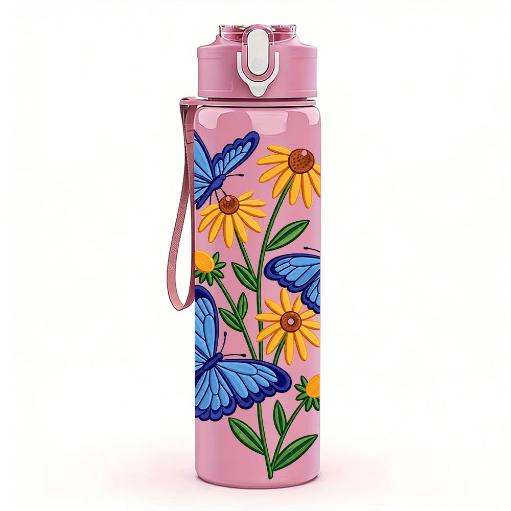 1PC Blue Butterfly Daisy Floral 750ml Color Plastic Sports Water Bottle Leakproof Flip Straw Lid Suitable for Sports Office Home Use