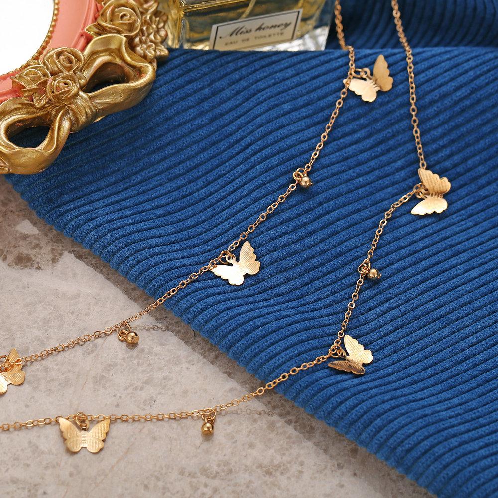 C102 Ins Minimalist Style Personality Double Layer Butterfly Necklace Butterfly Pendant Multi-layer Necklace