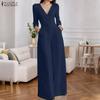 Women Casual V-Neck 3/4 Sleeve Loose Long Jumpsuits
