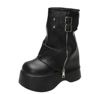 Bottines Souples Mi-Mollet Hiver Automne Plateforme Haute Compensées Femme Bottes Motard Chunky