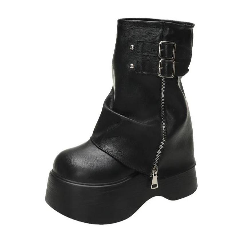 Soft Ankle Mid Calf Boots Winter Autumn High Platform Wedge Booties Woman Chunky Motorcycle Boots