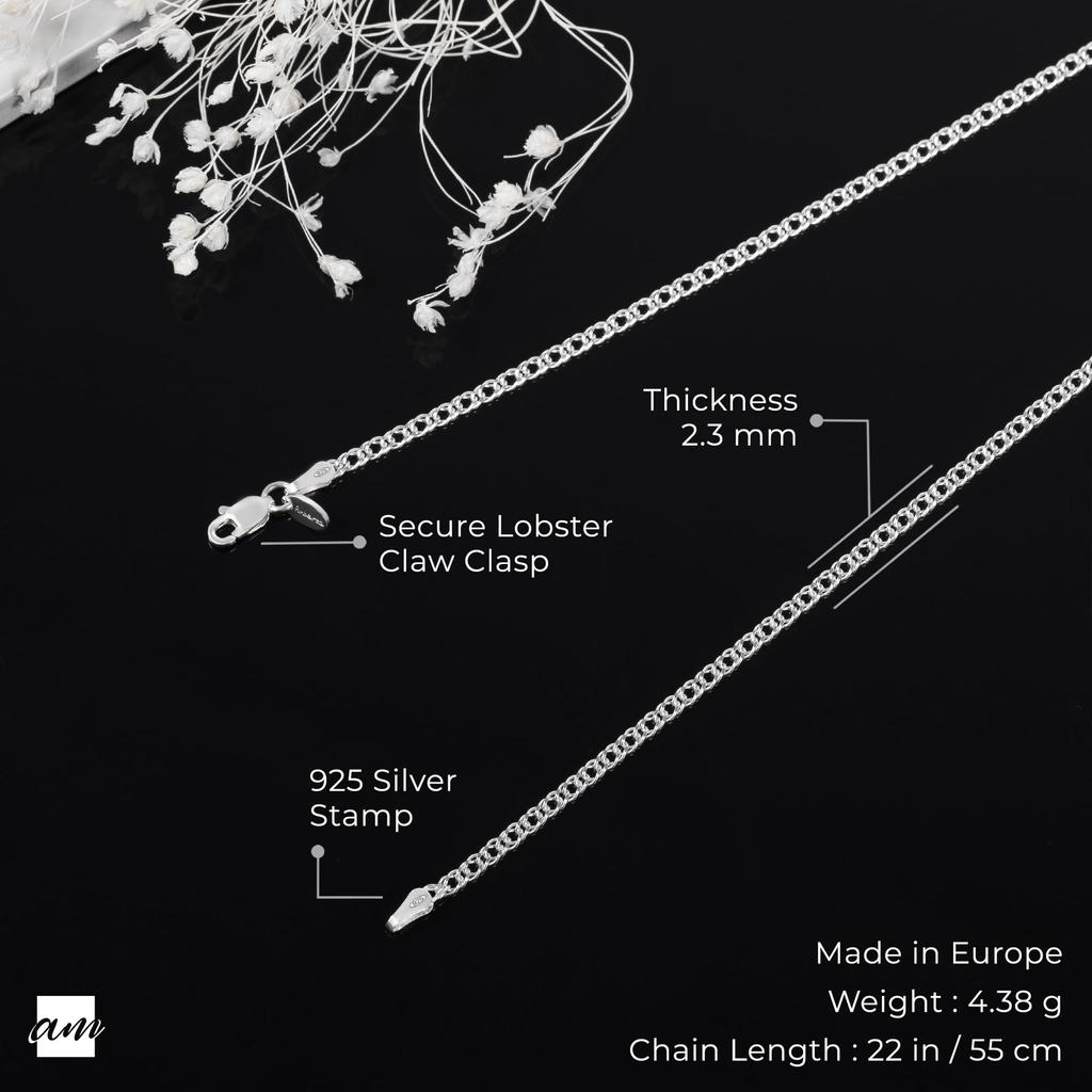 [Amberta] Women's 925 Sterling Silver 2mm Rhombus Curved Chain Necklace: 2.3mm Silver Chain Necklace 55cm