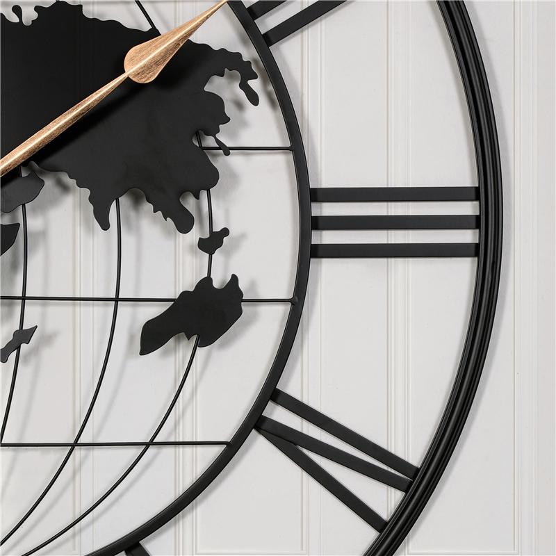 World Map Globe Design Skeleton Wall Clock, Industrial Black Metal Silent Non-Ticking Clock for Living Room Office Decor