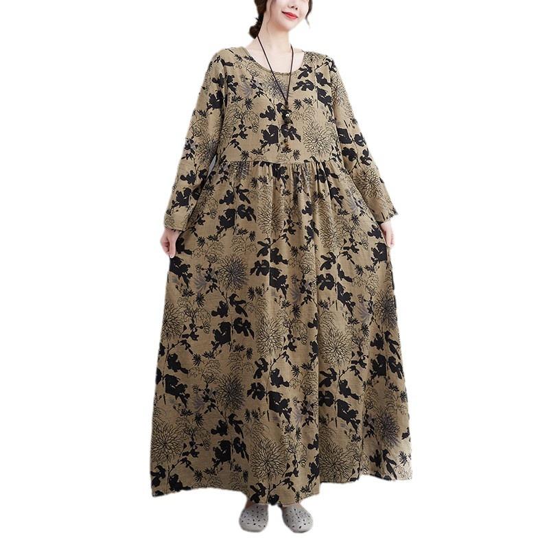 New Large Size Casual Printed Long-sleeved Dress Women Loose Fashion Long Skirt