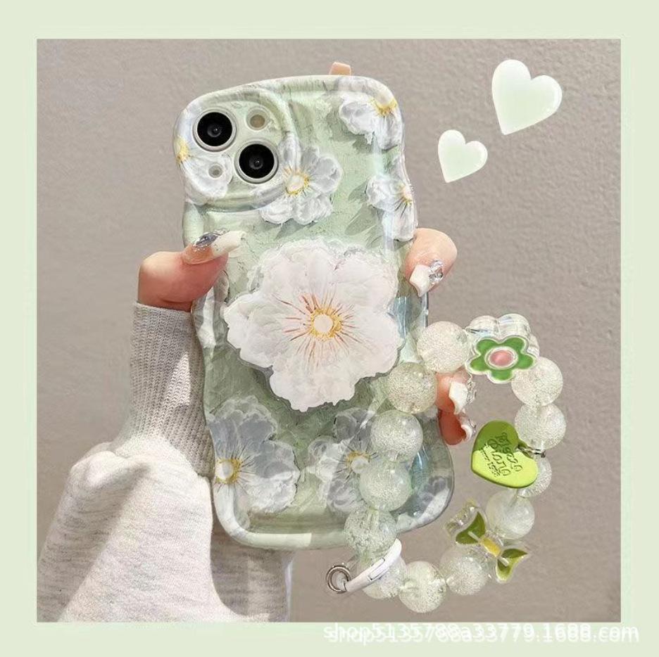 Apple 15 Mobile Phone Case Cartoon Green Bracelet Oil Painting Flower iPhone16ProMax/12/11/xs/xr