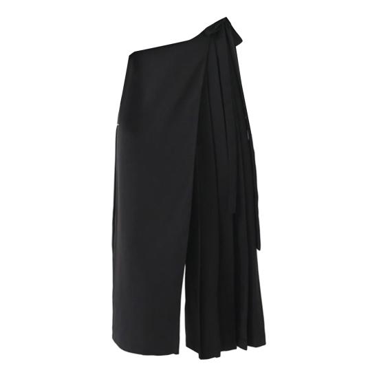 Pantaloni da donna stile scuro nero tinta unita plissettati finti due pezzi irregolari high street larghi gamba larga casual individuali lunghezza a metà polpaccio pantaloni culottes