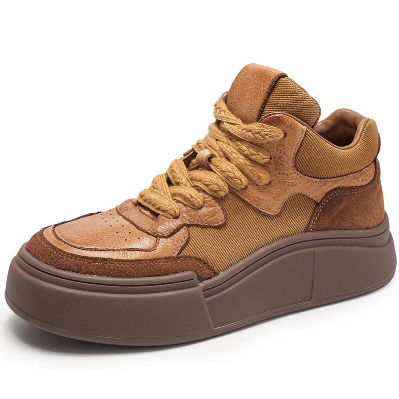 Fashion Spring Autumn Leather Thick Soled High Top Casual Shoes Women's Cowhide Retro Versatile Board Shoes Design Short Boots