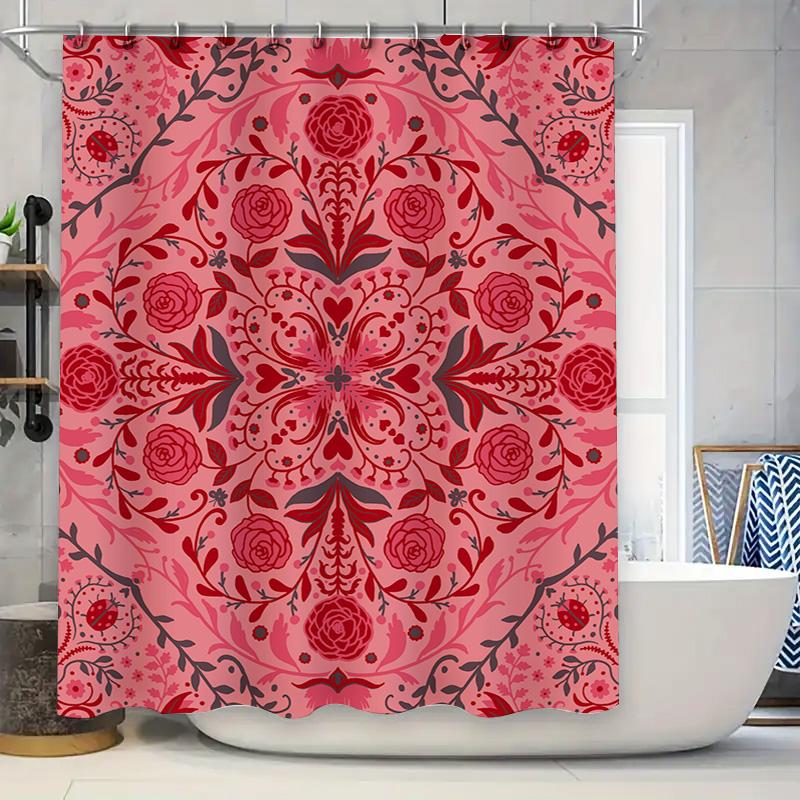 

Red Floral Shower Curtain With Ladybug Pattern Waterproof Bathroom Decoration For Home Decor Kitchen Linen W60H190(CM)-1 Pcs