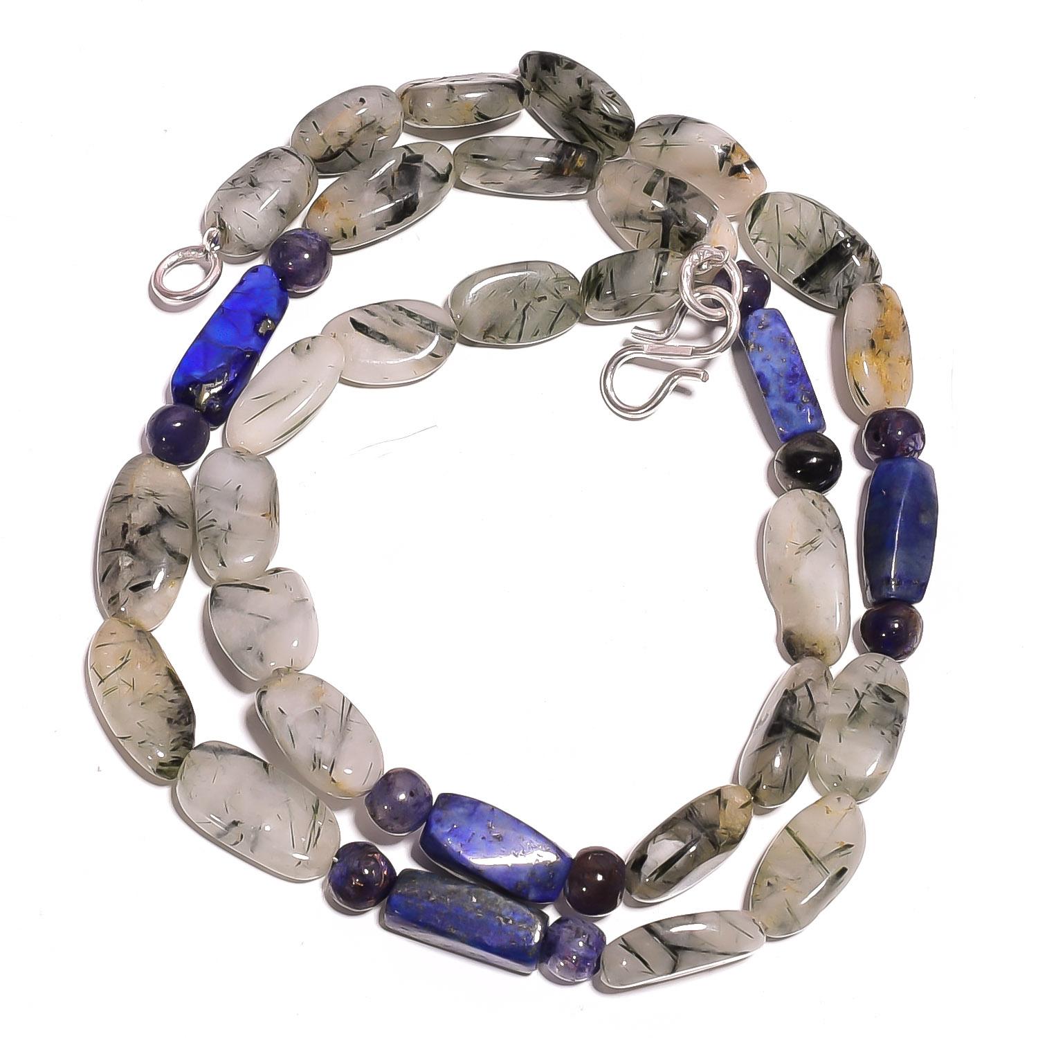

Natural Rutile Quartz Lapis Lazuli Iolite Gemstone Beads Necklace 17 UB-3140 UB-3140