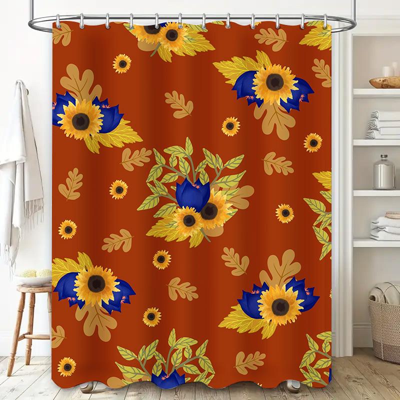 Modern Bathroom Shower Curtain with Autumn Leaves Sunflowers Print Design Waterproof Fabric for Bath Decorations in Multiple Siz