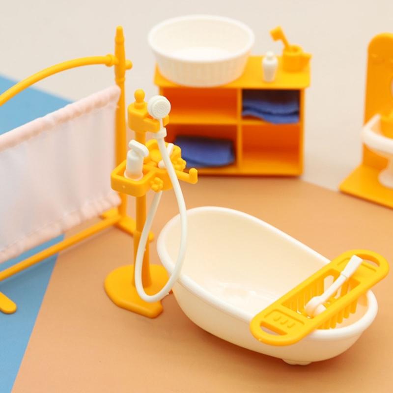 1:12 Scale Miniature Bathroom Set Plastic Dollhouses Accessories With Sink Bathtub And Toilet For Kids Play