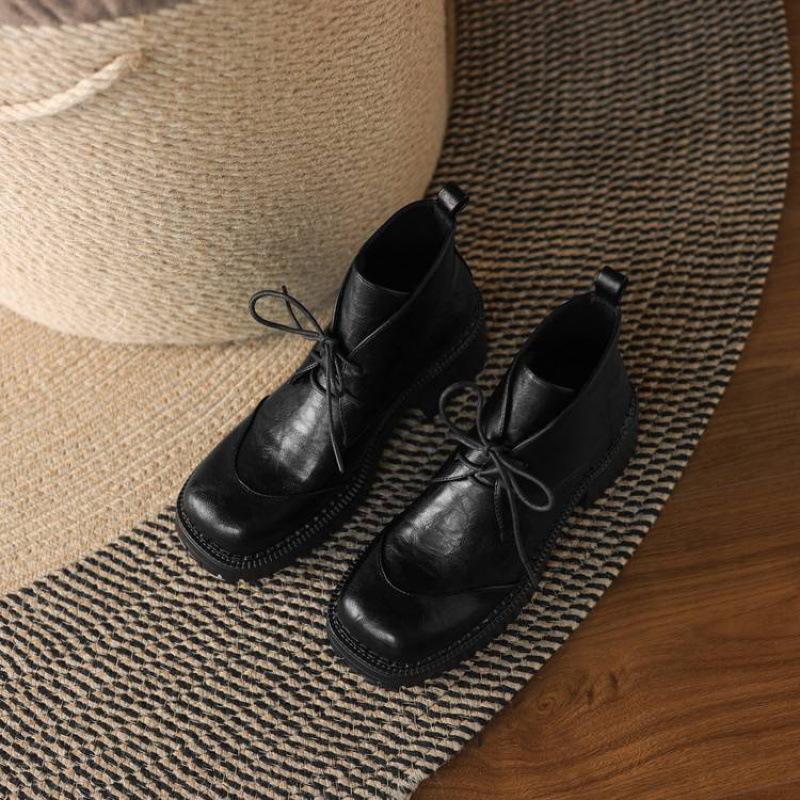 Korean Version of Comfortable High-heeled Large-size Women's Boots Square Head Solid Color Lace-up Square-heeled Medium Boots Autumn and Winter Women