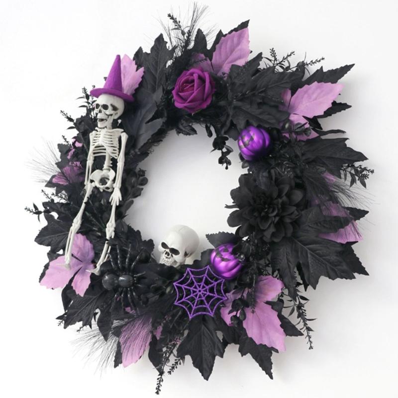 Halloween Front Door Wreath, Artificial Floral Wreath with Black Purpler Leaves Hanging Decoration for Front Door Entryway Wall