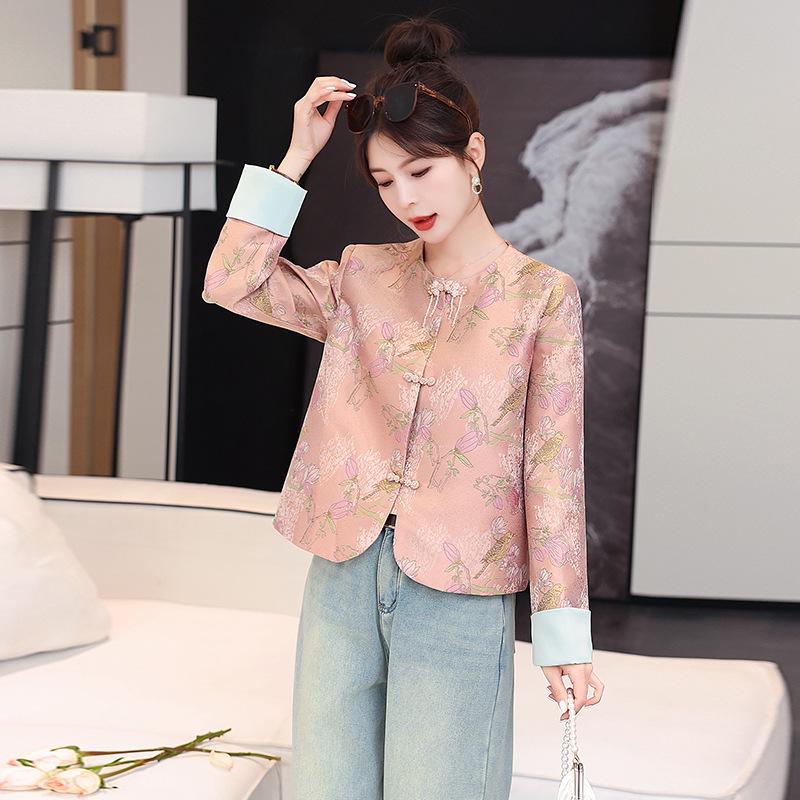 2024 Spring Women's Pink Jacquard Frog Button Fashion Coat - Chinese National Style (Model ME6031)