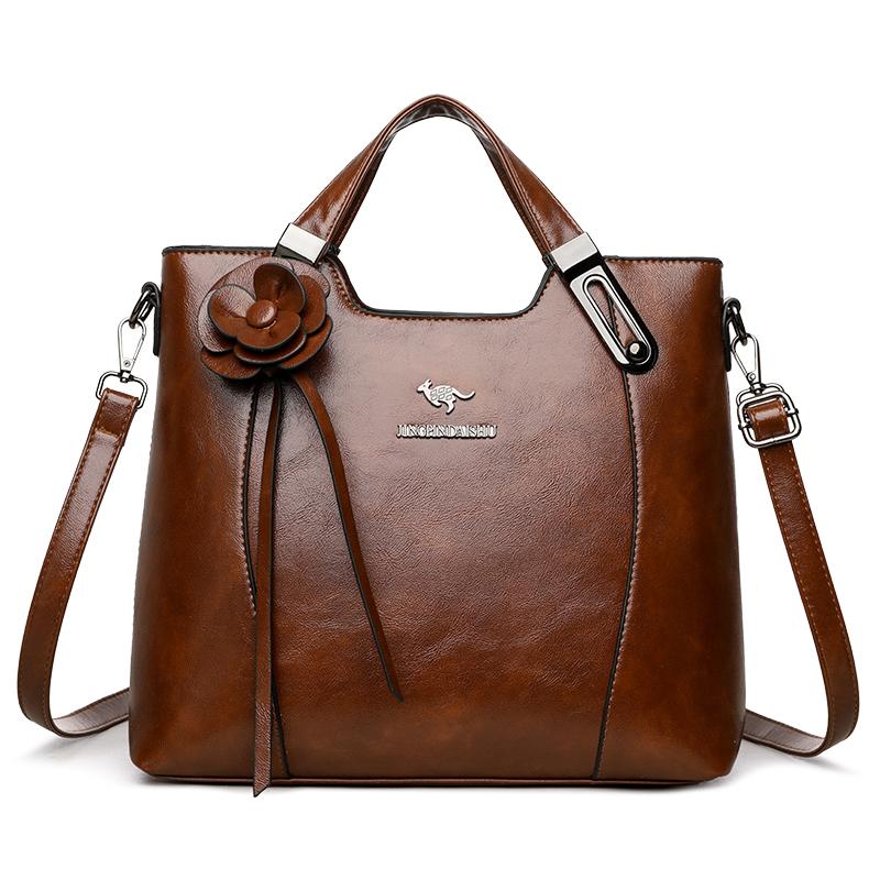 Retro PU Leather Handbags for Women Flower Decor Women's Shoulder Bag Leather Tote Bag