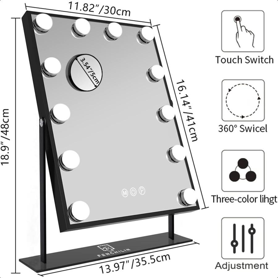 

Зеркало для макияжа с подсветкой Голливудское зеркало Туалетное зеркало для макияжа с подсветкой Умное сенсорное управление 3 цвета Диммируемый свет Съемное 10X United States