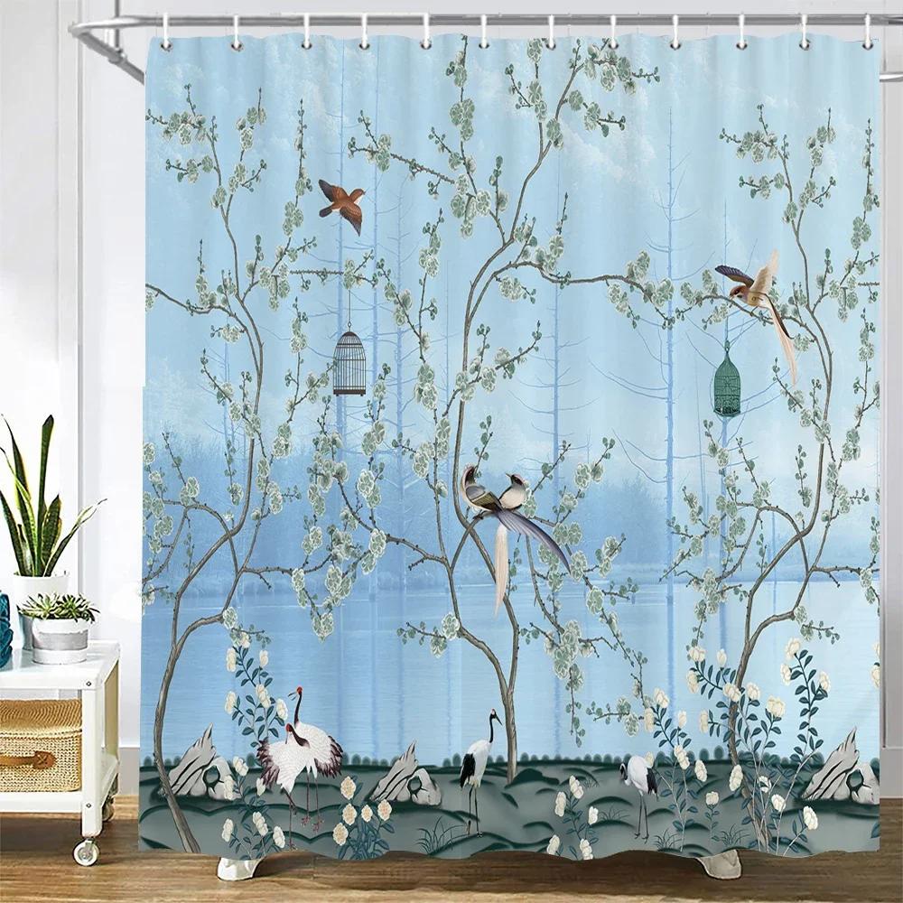 Duschvorhänge im chinesischen Stil mit Blumen und Vögeln, wasserdicht, Badezimmervorhang aus 3D-bedrucktem Stoff mit Haken, Dekoration, Duschvorhang
