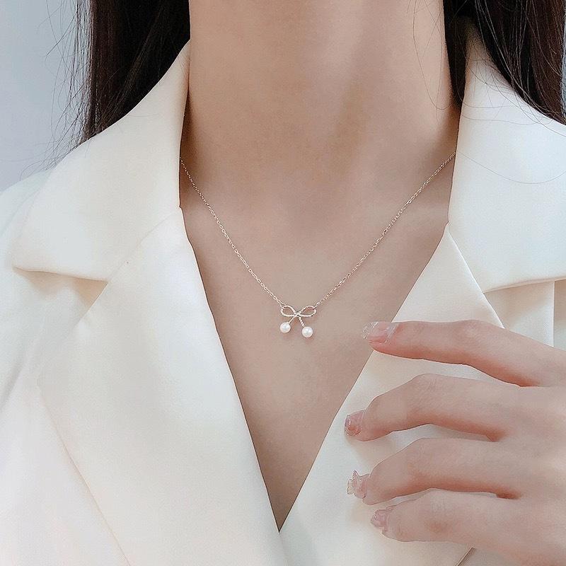 Pearl Bow Sterling Silver Necklace for Women S999 Pure Silver Cold Style Design Clavicle Chain Gentle Fairy Necklace