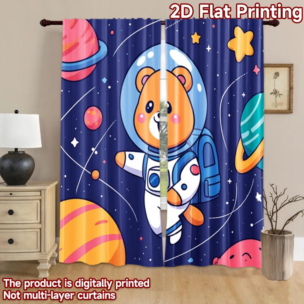 2D Flachdruck 2 Stück Fenstervorhänge Niedlicher Astronautenbär Weltraum Digital Bedruckt Polyester Vorhänge Saisonale Party- und Feiertagsdekoration