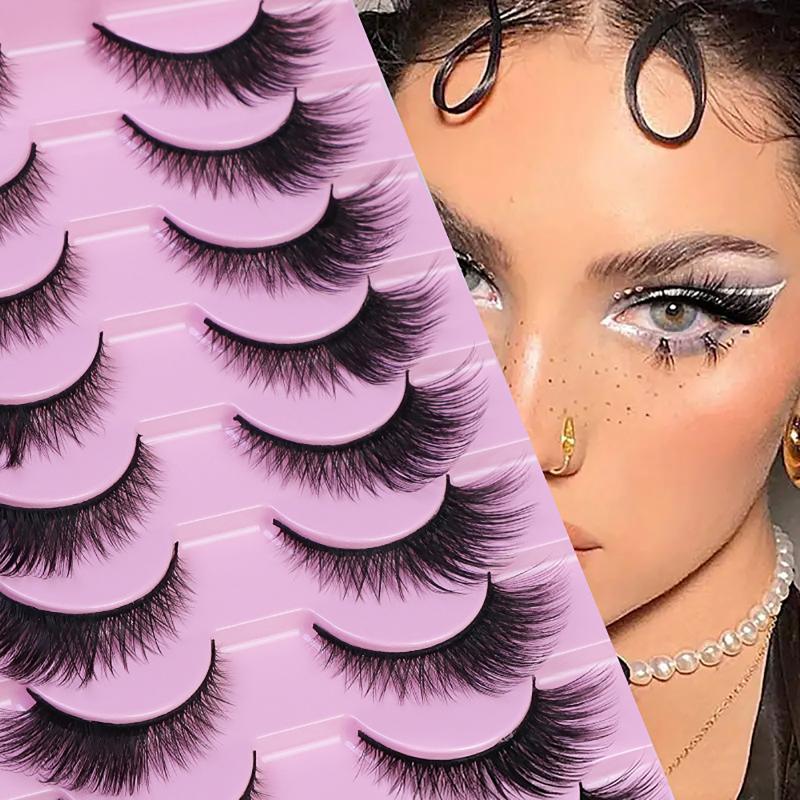 Cat Eye False Eyelashes 10 Pairs Fluffy Faux Mink Natural Volume Lashes Easy to Remove for New Learners