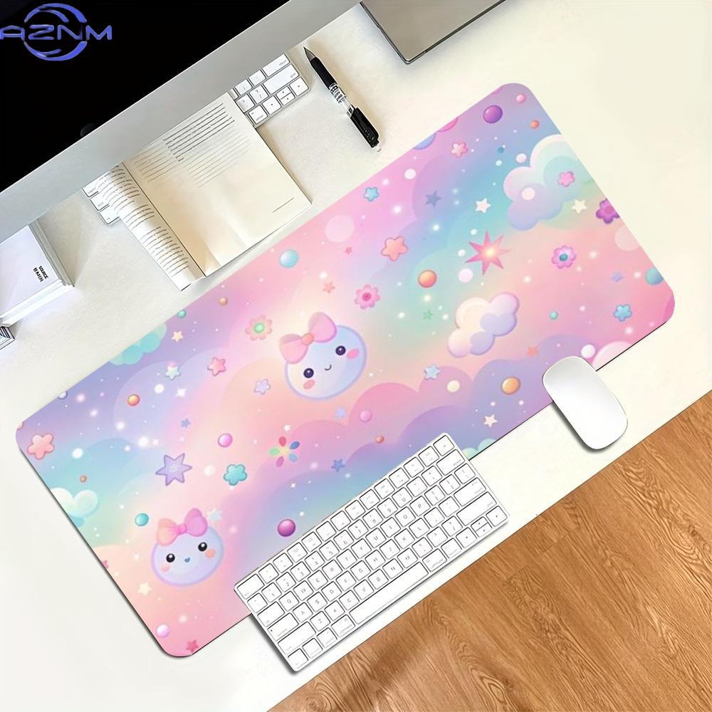 Pastel Cloud Kitty Gaming Mouse Pad Non Slip Rubber Stitched Edge Keyboard Table Mat For Laptop Office Desktop Decor