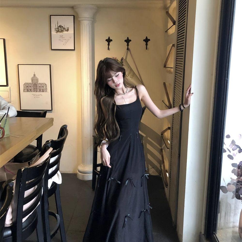 Summer French Bow Strap A-line Dress for Women - Blue Multi-wear Short Skirt