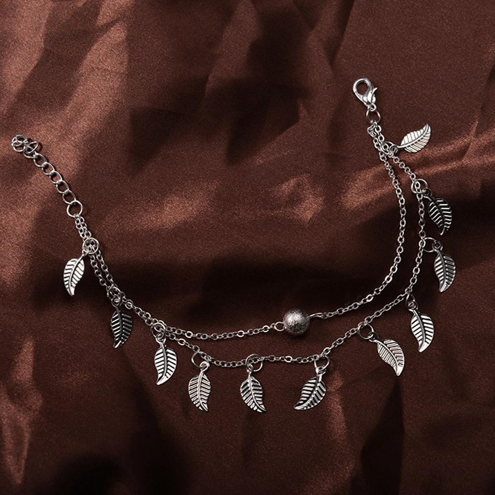 Women Double Chain Leaves Pendant Anklet Foot Bohemian Handmade Beads Anklets Foot Gothic Jewelry