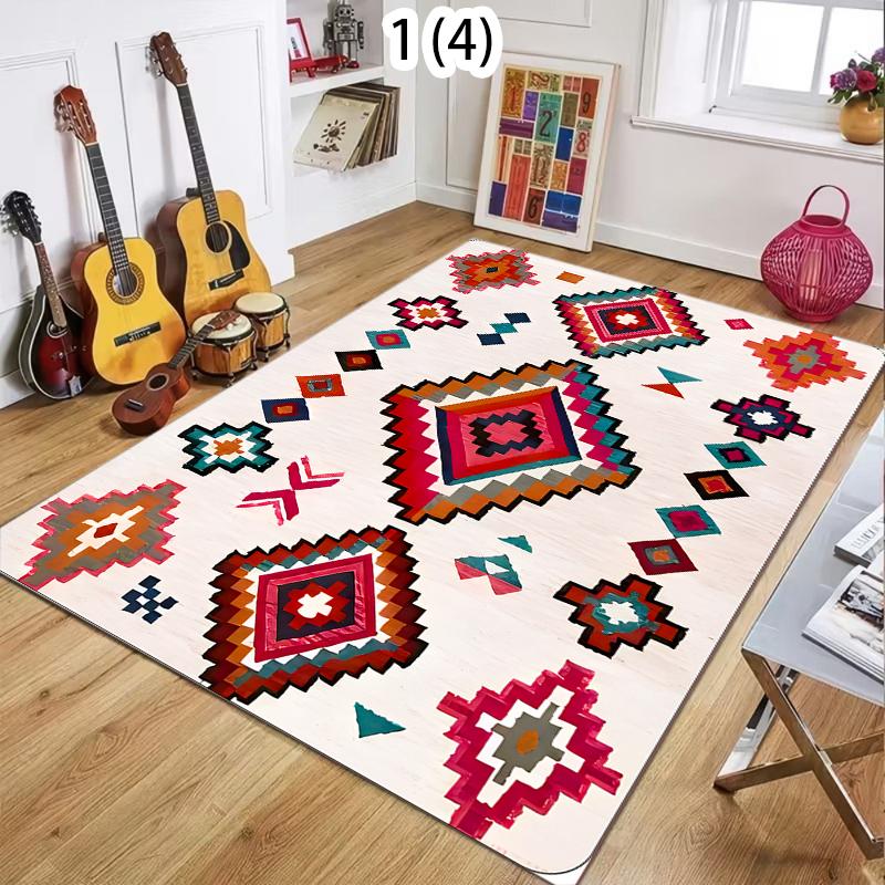 Ethnic Style Diamond Color Block Pattern Area Rug with Tassels Retro Fashion Non-Slip Floor Mat for Living Rooms Bedrooms