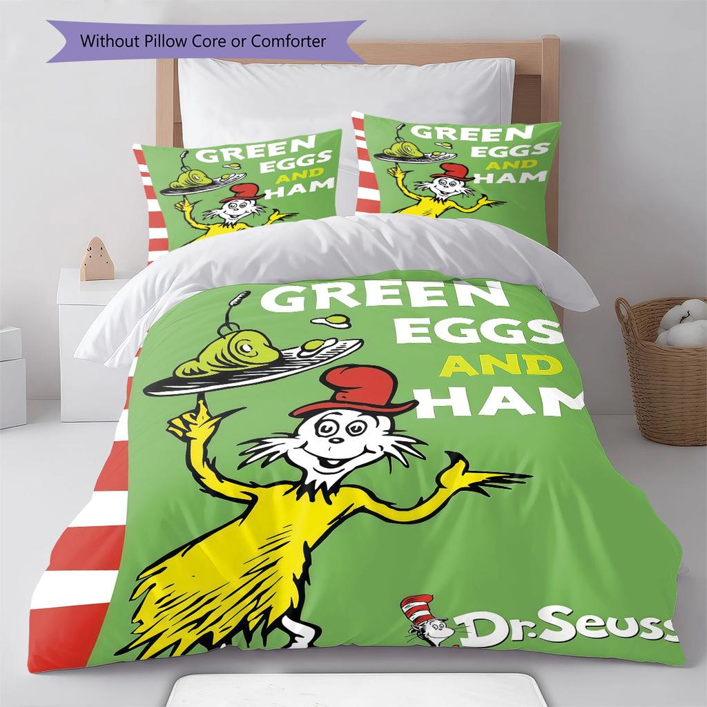 Green Eggs and Ham Pattern Bedding,Quilt Set Quilt Cover Pillowcase Home Birthday Gift (1 * duvet cover + 2 * pillowcase, without core)