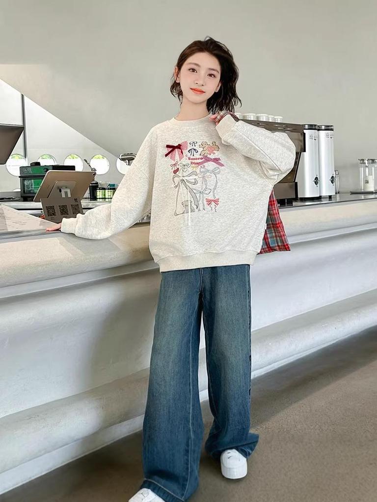 Mädchen High-Waist Denim Weite Hosen - Mittel/Groß, Frühling/Herbst 2026 Kollektion, Weiche & Bequeme Jeans