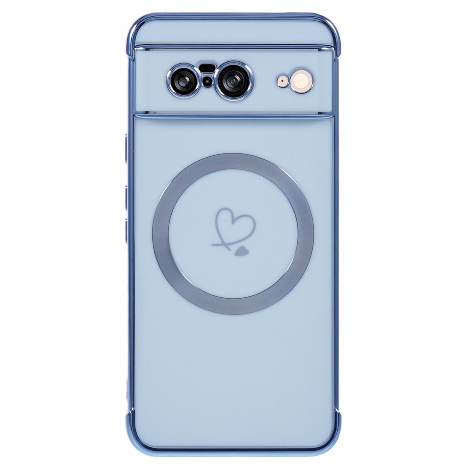 

For Google Pixel 8 Case Compatible with MagSafe Electroplated TPU Phone Cover Hollow Love Hearts Blue