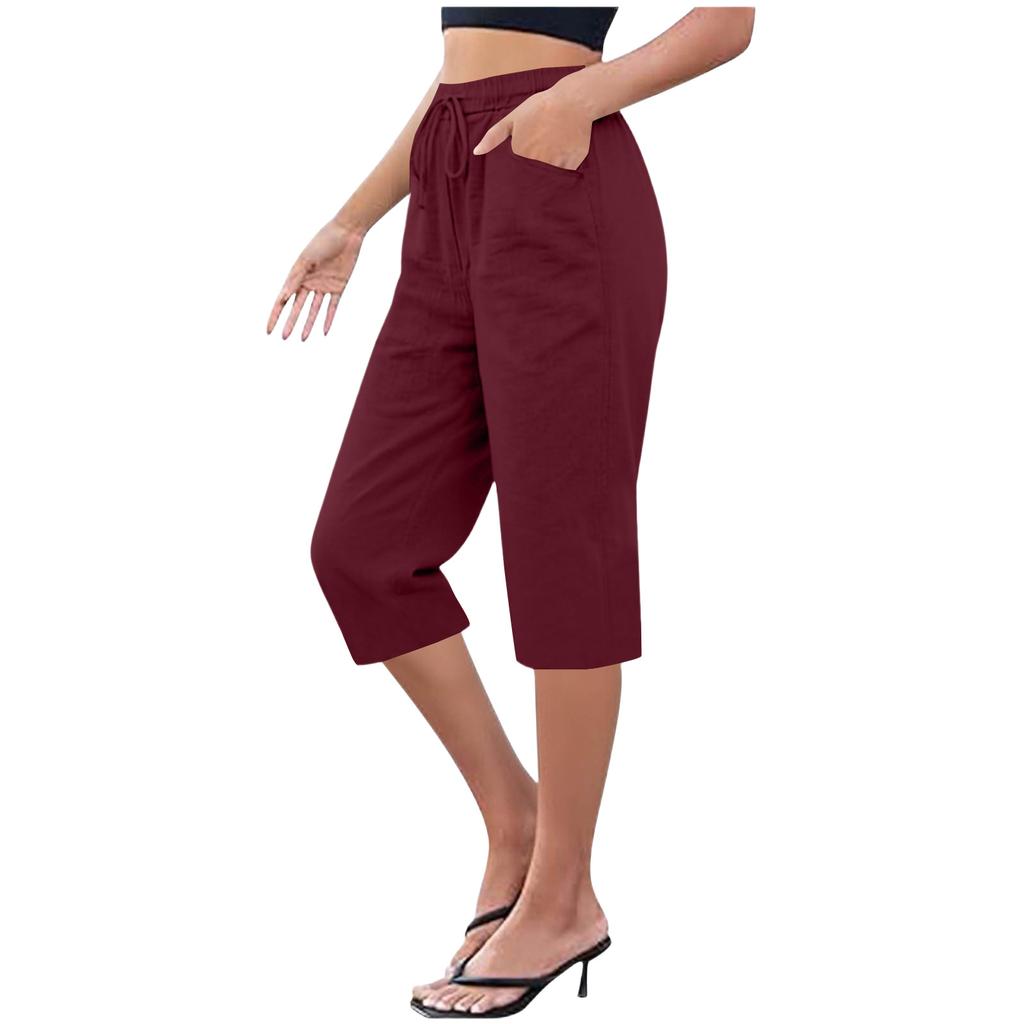 Women's Cotton And Linen Pocket Elastic Casual Pants Five Quarter Pants
