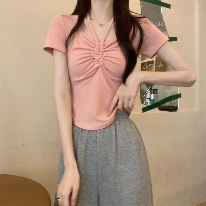 Pink Short Sleeve T Shirt With Embroidery For Elegant Casual Wear